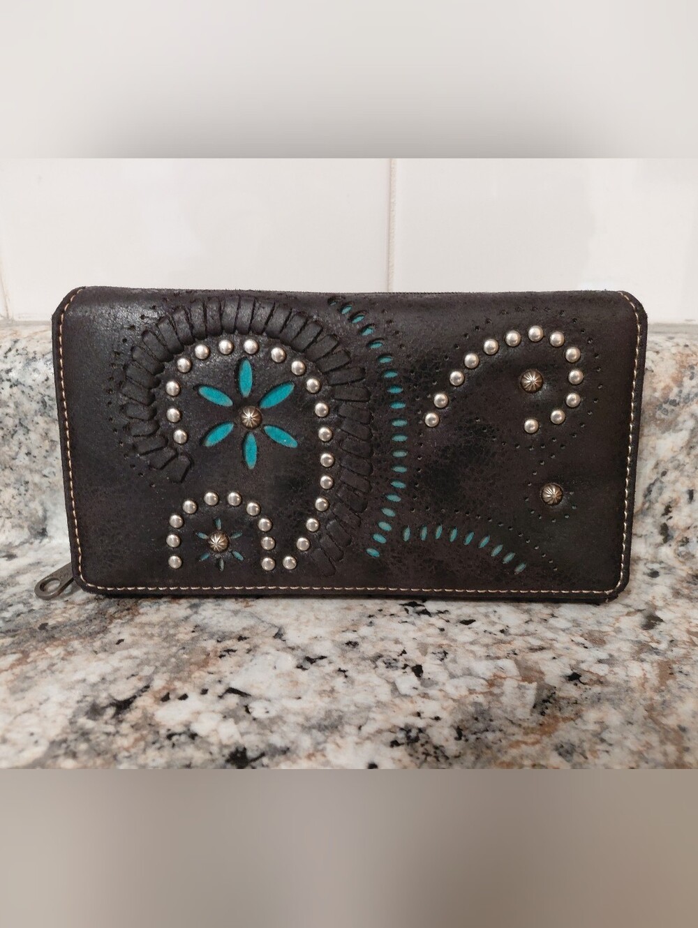 Montana West Black Wallet with Turquoise & Silver Studs